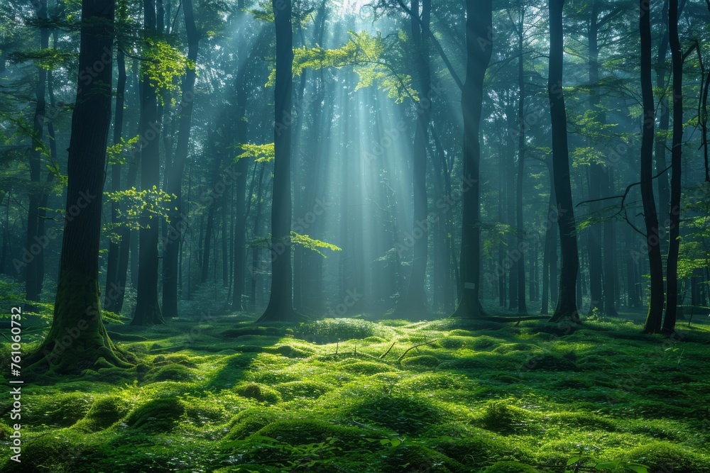 Sunlight streams through a dense forest canopy, illuminating the mossy floor.