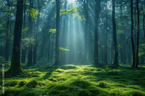Sunlight streams through a dense forest canopy  illuminating the mossy floor.