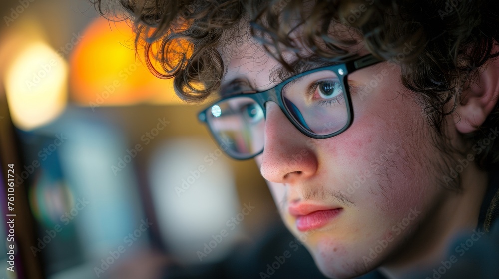 A tight shot of a students face concentration etched across their features as they edit footage on a computer. A tight shot of a students face concentration etched across their features as they edit footage on a computer.