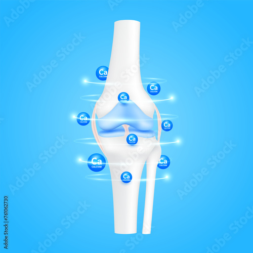 Knee joint bone and blue calcium minerals surrounding radius to protect cartilage ligament arthritis. For advertising medical supplements. 3D realistic vector EPS10.