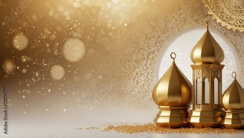 Gold lanterns with Islamic nuances, large copy space, sparkling gold twinkles. Generative AI
