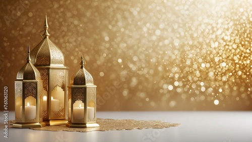 Copper iron gold lantern with burning candle inside. Beautiful blurred sparkling or gold twinkling background. ample copy space. Generative AI