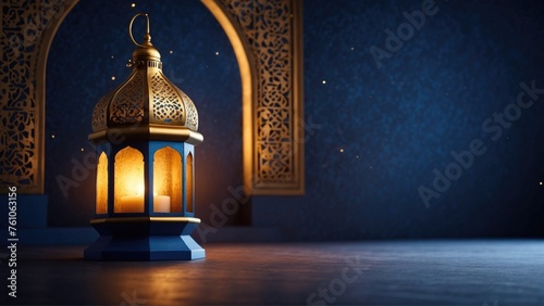 a lantern with a burning candle in it. Eid mubarak greeting background with copy space. shades of blue and gold. Blurred background. Generative AI