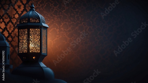 A Lantern with light inside. blurred copy space background for holiday greetings or something like that. dark shades. Generative AI