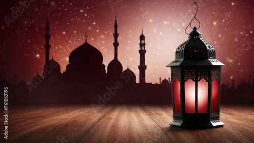 A lantern with light inside, on a wooden floor. Background of mosque silhouette and starry sky. copy space for Eid Mubarak greetings. Generative AI