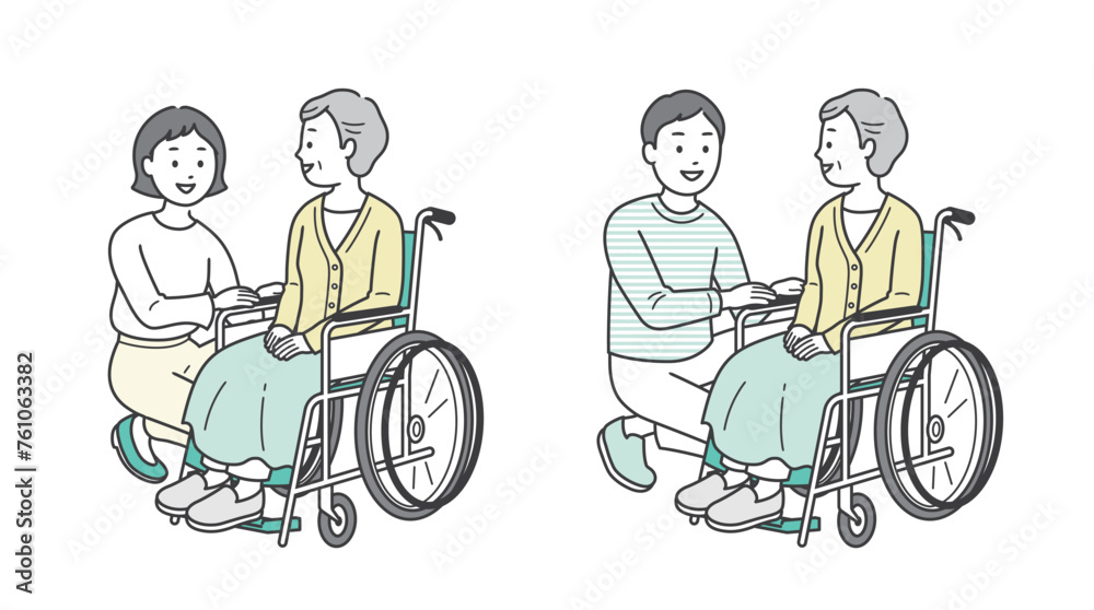 車椅子の高齢女性と介助をする若い男女のイラストセット 車椅子の高齢女性と介助をする若い男女のイラストセット