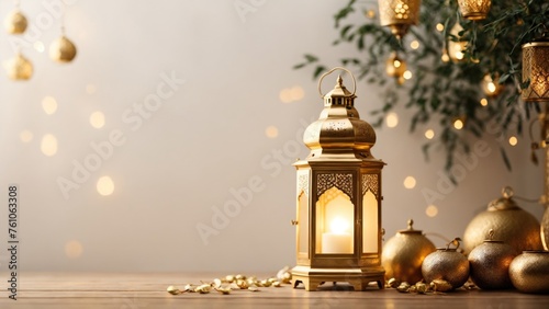 A golden lantern with a candle burning in it, on a wooden floor. Gold nuance with ornamental ornaments around it. Copy Space for Ramadan greeting cards or something like that. Generative AI