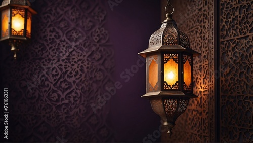 Hanging lanterns with beautiful light inside with copy space suitable for holiday greeting cards. Generative AI