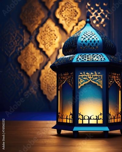 Portrait of a beautiful lantern with light inside, on a wooden floor. Islamic nuance. blurred abstract background. Generative AI