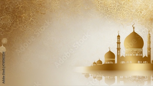 Silhouette landscape of a golden mosque with large copy space, suitable as a greeting card for Eid Mubarak or Ramadan Kareem or something like that. Generative AI