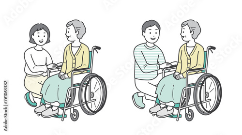 車椅子の高齢女性と介助をする若い男女のイラストセット