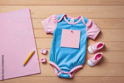 Top-View Photo Mockup of a Blue Baby Romper and a Pink Empty Note on a Wooden Table