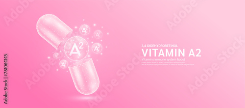 Vitamin A2 pill drug capsule open with pink bubble ball float out in style polygon. Collagen and minerals antibiotic supplement essential health care. Medical and pharmacy concept. Banner vector.