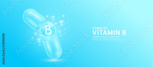 Vitamin B complex drug capsule open with blue bubble ball float out in style polygon. Collagen and minerals antibiotic supplement essential health care. Medical and pharmacy concept. Banner vector.
