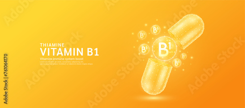 Vitamin B1 pill drug capsule open with orange bubble ball float out in style polygon. Collagen and minerals antibiotic supplement essential health care. Medical and pharmacy concept. Banner vector.