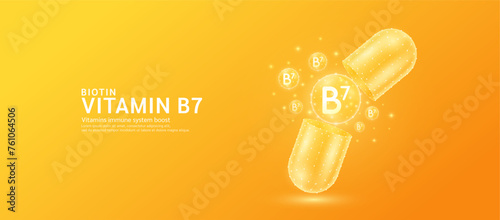 Vitamin B7 pill drug capsule open with orange bubble ball float out in style polygon. Collagen and minerals antibiotic supplement essential health care. Medical and pharmacy concept. Banner vector.