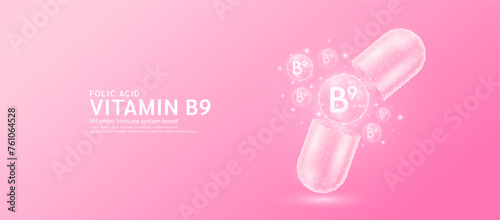 Vitamin B9 pill drug capsule open with pink bubble ball float out in style polygon. Collagen and minerals antibiotic supplement essential health care. Medical and pharmacy concept. Banner vector.
