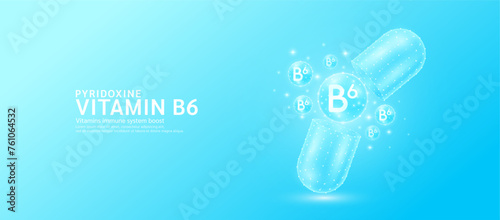 Vitamin B6 pill drug capsule open with blue bubble ball float out in style polygon. Collagen and minerals antibiotic supplement essential health care. Medical and pharmacy concept. Vector.