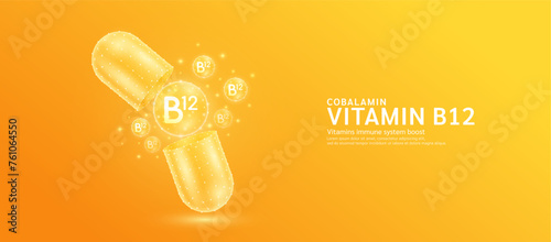 Vitamin B12 pill drug capsule open with orange bubble ball float out in style polygon. Collagen and minerals antibiotic supplement essential health care. Medical and pharmacy concept. Banner vector.