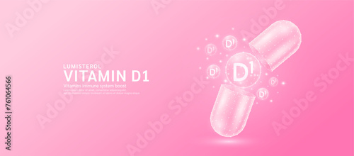 Vitamin D1 pill drug capsule open with pink bubble ball float out in style polygon. Collagen and minerals antibiotic supplement essential health care. Medical and pharmacy concept. Banner vector.