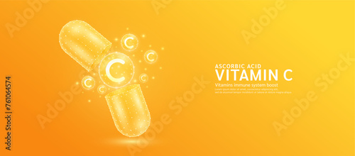 Vitamin C pill drug capsule open with orange bubble ball float out in style polygon. Collagen and minerals antibiotic supplement essential health care. Medical and pharmacy concept. Banner vector.