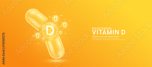 Vitamin D pill drug capsule open with orange bubble ball float out in style polygon. Collagen and minerals antibiotic supplement essential health care. Medical and pharmacy concept. Banner vector.