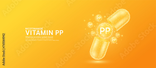 Vitamin PP pill drug capsule open with orange bubble ball float out in style polygon. Collagen and minerals antibiotic supplement essential health care. Medical and pharmacy concept. Banner vector.