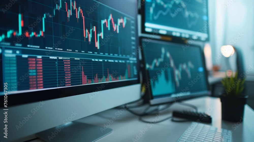 trading market with stock charts on desktop computer screen - obrazy, fototapety, plakaty 