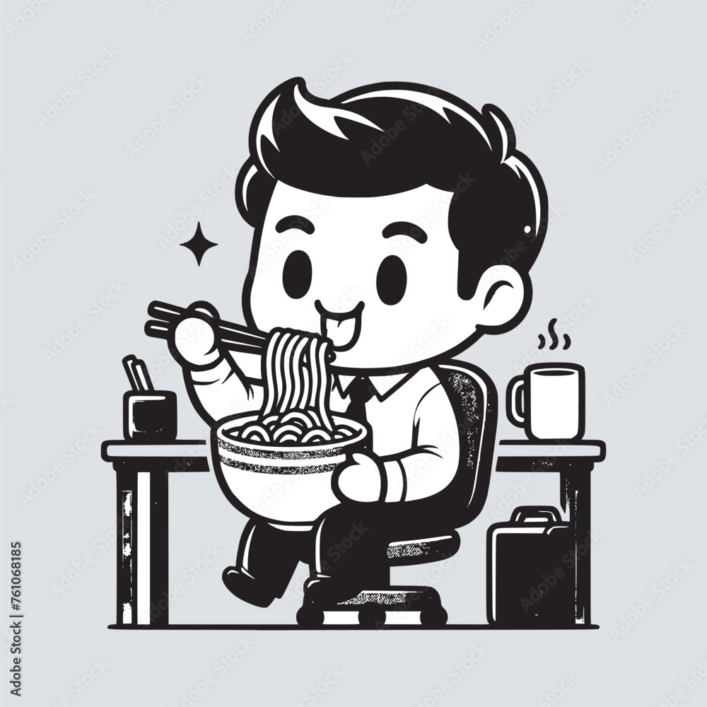 cartoon office worker man enjoying eating ramen noodles black and white vector illustration