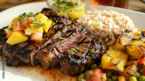 A taste of the Caribbean in the form of a tender grilled steak topped with a zesty mango salsa served with a side of fried plantains and fluffy rice and peas transporting