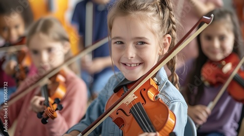 In a music class, young female students devote themselves to learning the violin focusing on music and space, Generative AI. photo