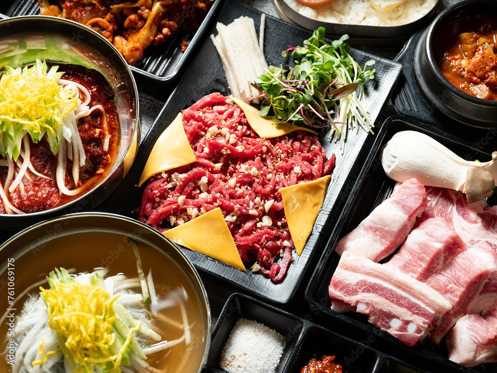 Fresh raw meat and various foods Fresh raw meat and various foods