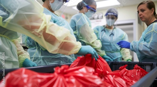 A group of healthcare workers wearing protective gear and gloves carefully place red biohazard bags into a specialized medical waste disposal bin. photo