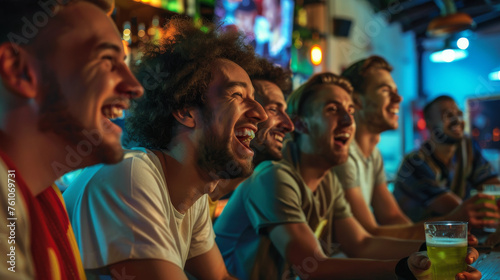 A group of young men are sitting at the bar laughing and looking happy while watching soccer games