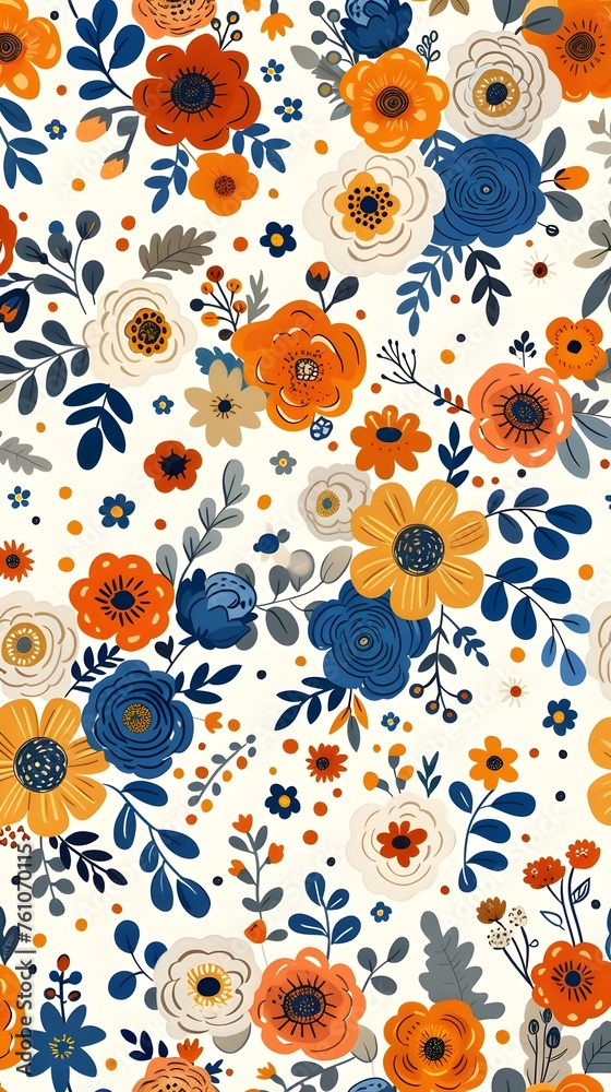 Vibrant Floral Pattern with Blue and Orange Flowers