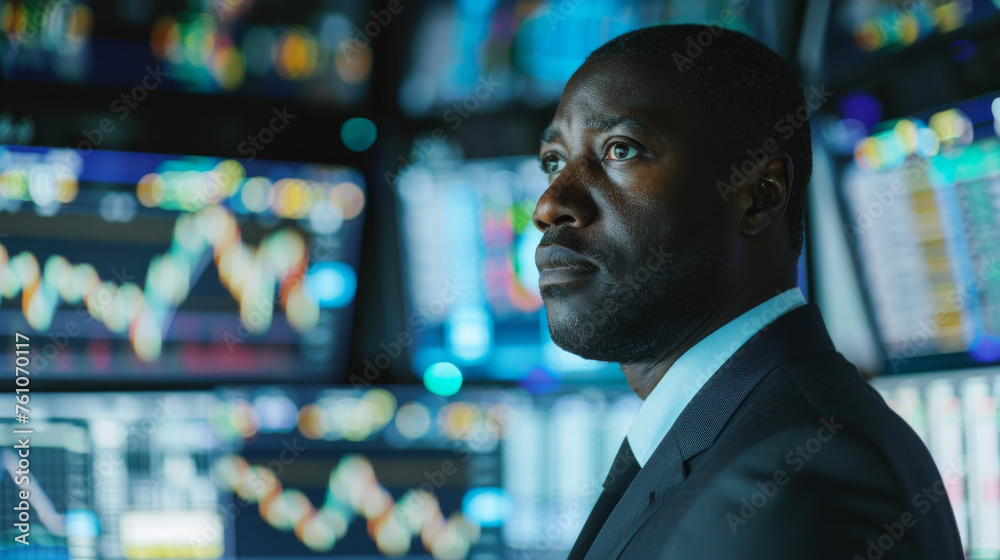 A middle-aged black businessman dressed professionally in a suit is intently focused on the stock market screens in front of him A middle-aged black businessman dressed professionally in a suit is intently focused on the stock market screens in front of him