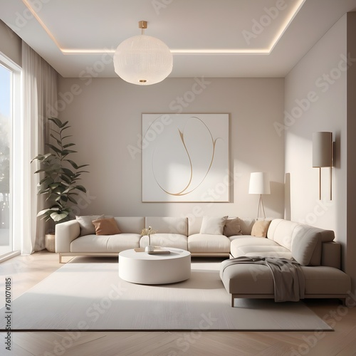 A neutral color palette dominates the room  with shades of white  beige  and light gray adding to the minimalist aesthetic.