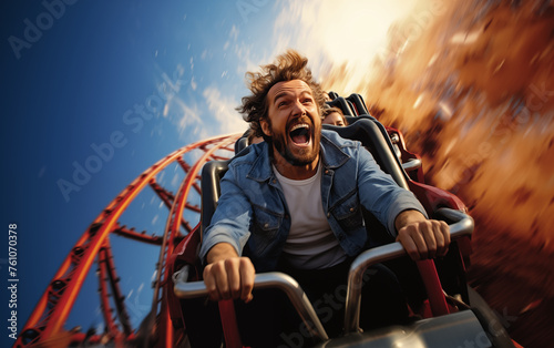 Happy tourist rides roller coaster, cheering with open arms.