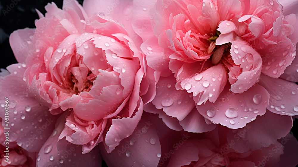 Beautiful surreal peonies with dew drops closeup floral background
