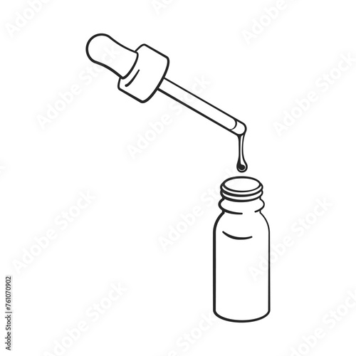Eye dropper and glass bottle with liquid drop line drawing vector