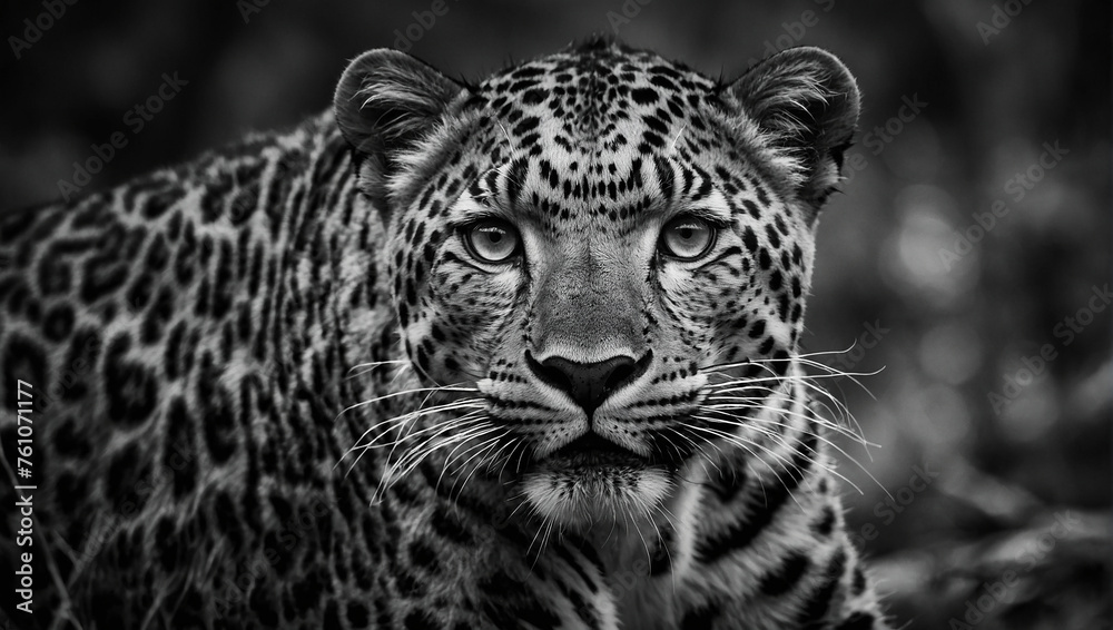 A black and white photo of a leopard walking.