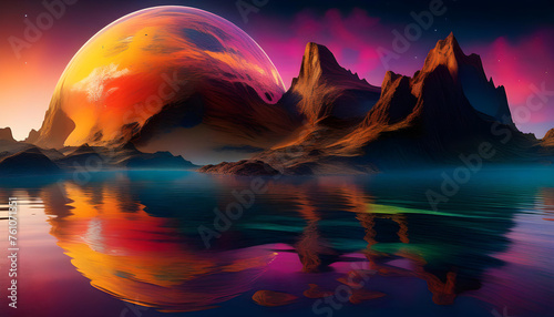 An alien planet with colorful designs and a reflection in water