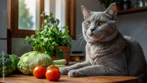 A gray cat is sitting on a table next to a bowl of vegetables.
