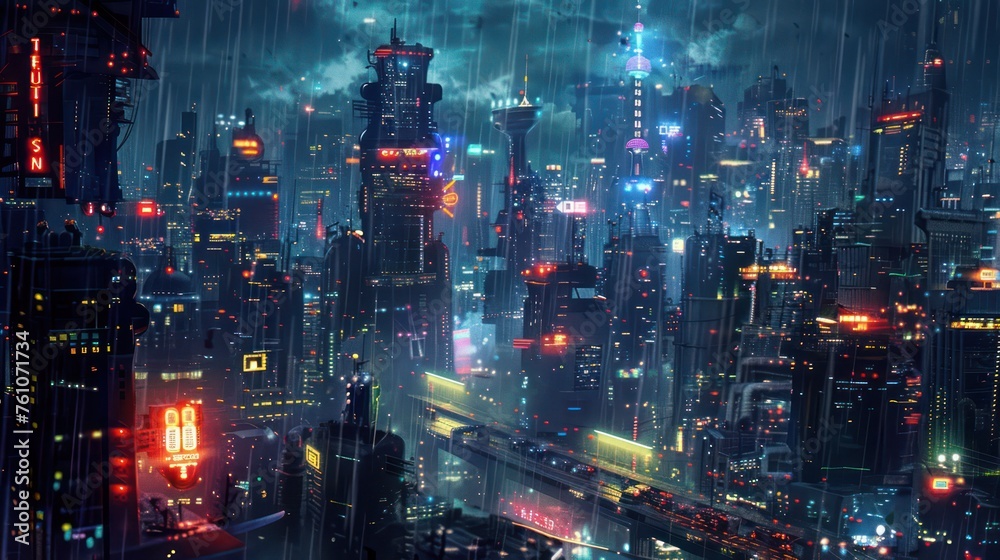 A rain-soaked urban landscape offering a vivid melange of bright signs and futuristic buildings
