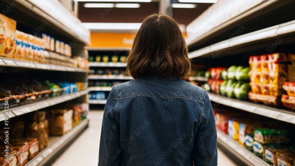 A woman shopper comparing choosing products in a grocery store supermarket aisle