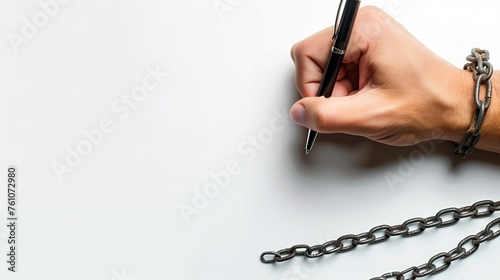 Over a white backdrop, a hand with metal chains encircling it is holding a pen showcasing freedom independencies for press and space, Generative AI.