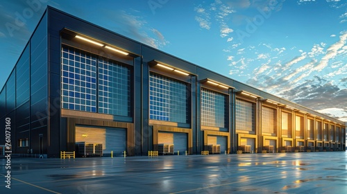 Modern industrial warehouse exterior with large solar panels and blue sky