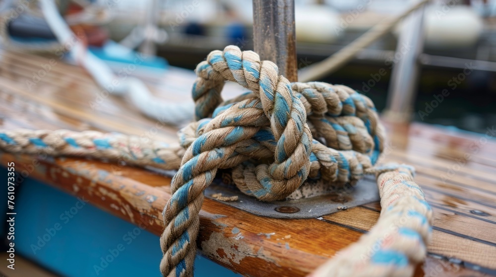 A detailed shot of a rope tied off on a deck fitting highlighting the precision and strength of the knot.