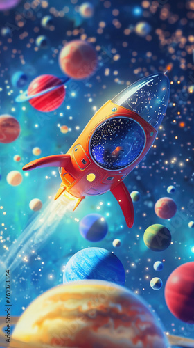 Design an adorable 3D spacecraft floating amidst colorful planets under a starry blue sky