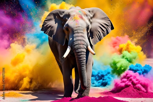 A colorful elephant is standing in a cloud of colorful powder